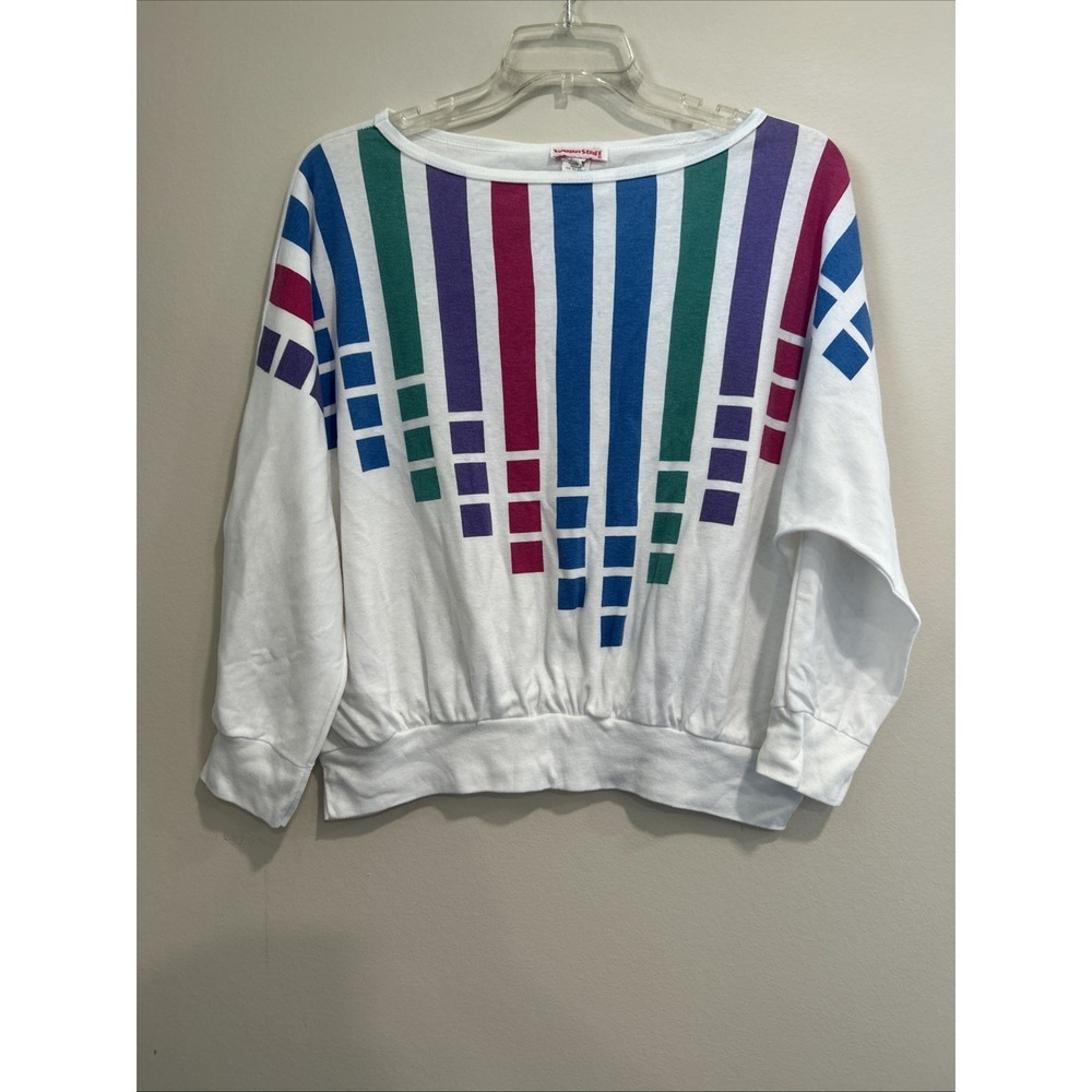 Vintage Large‎ Flash Dance 80's Banded Bottom Top Blue White